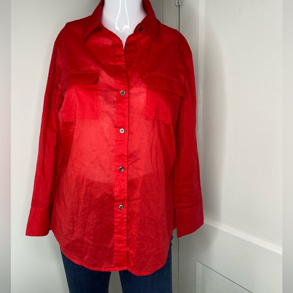 THEORY L Vibrant Sheer Red Button-Up Shirt